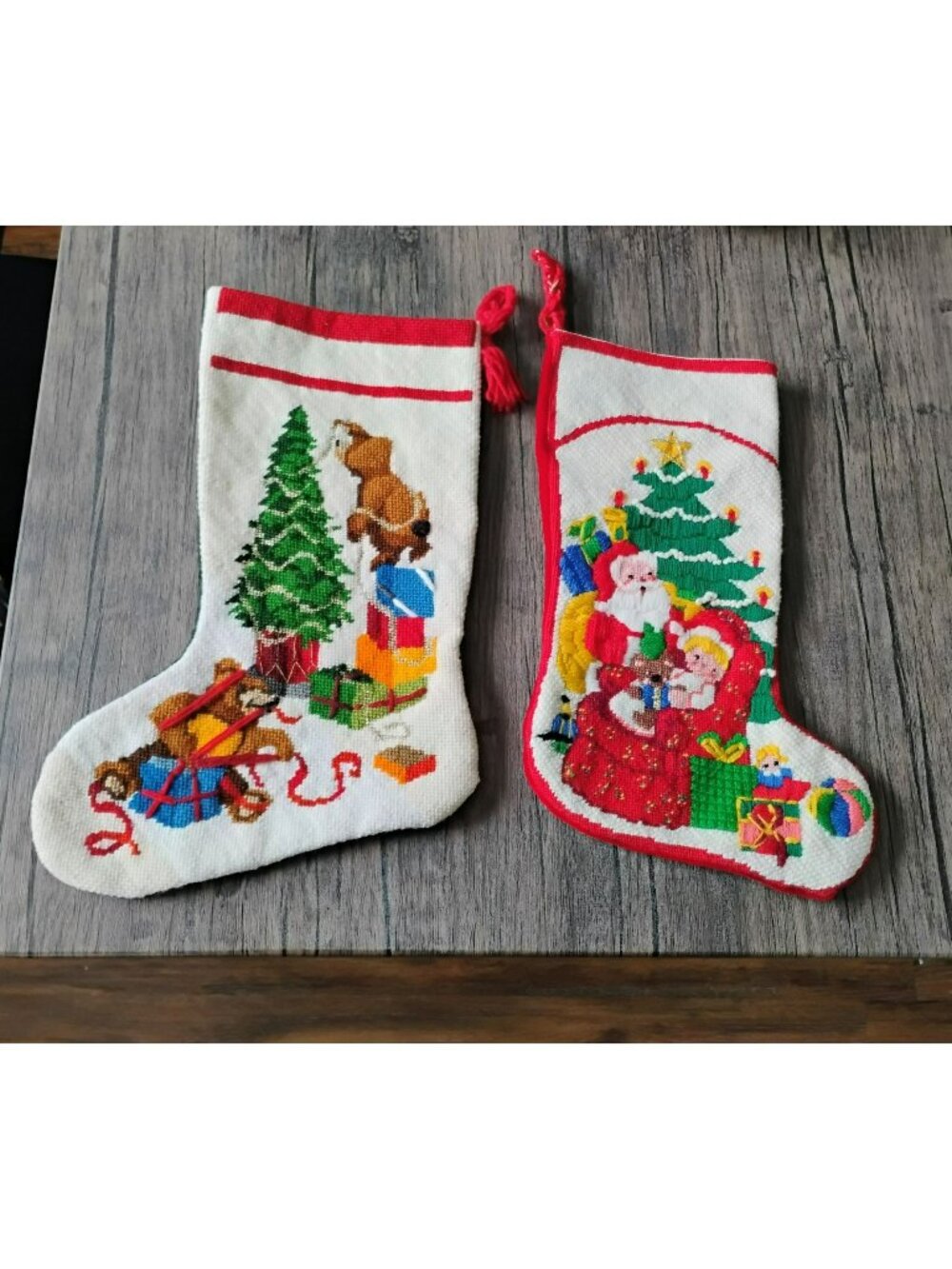 Vintage Handmade Needlepoint Christmas Stockings Set Of 2 Santa & Bear Trimming
